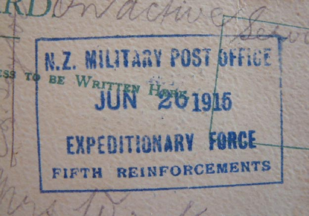 New Zealand Military Post Office, Fifth Reinforcements postmark on a postcard 1915